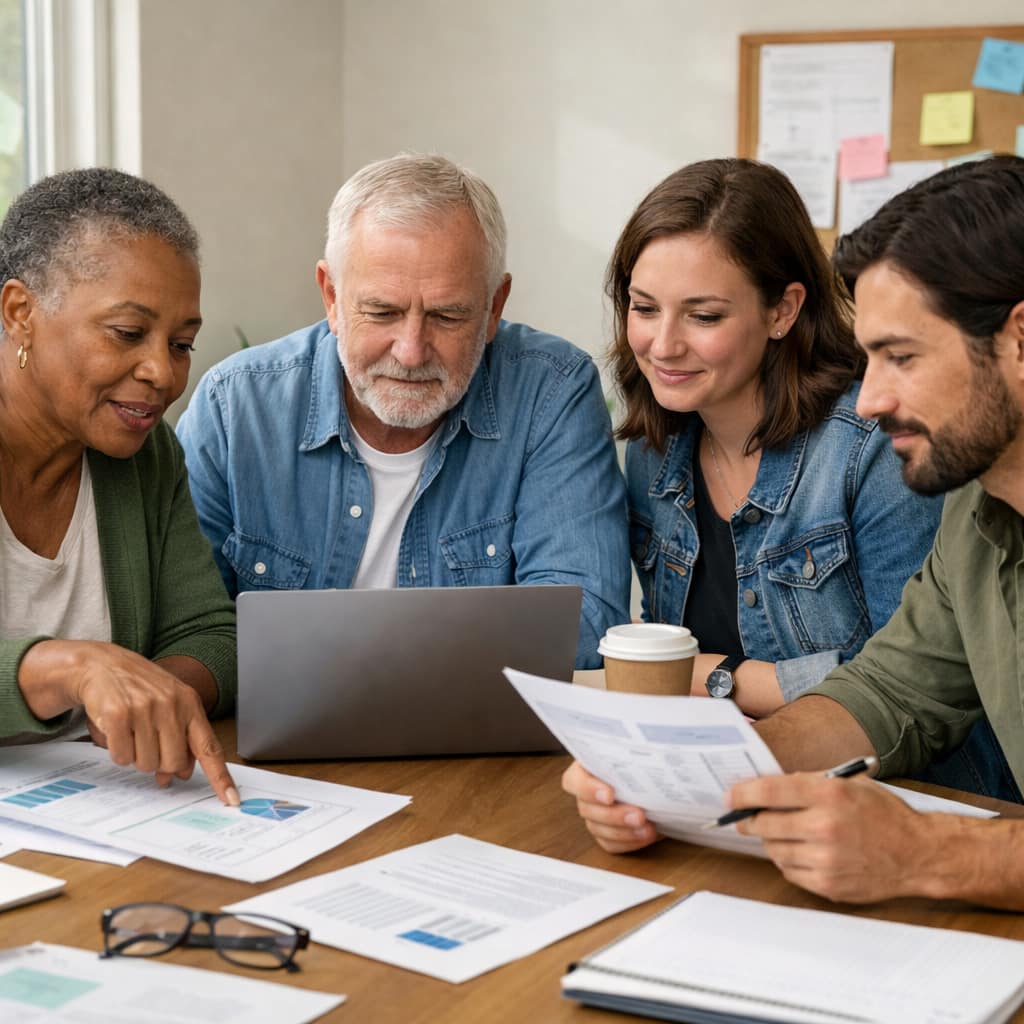 Nonprofit staff reviewing budget and planning decisions together