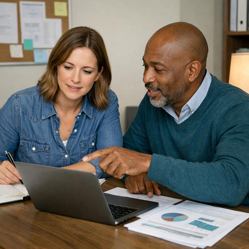 Two nonprofit staff smiling while reviewing an email campaign draft