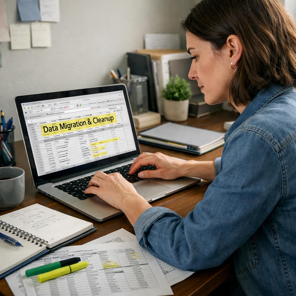 Nonprofit staff cleaning donor data on a workstation