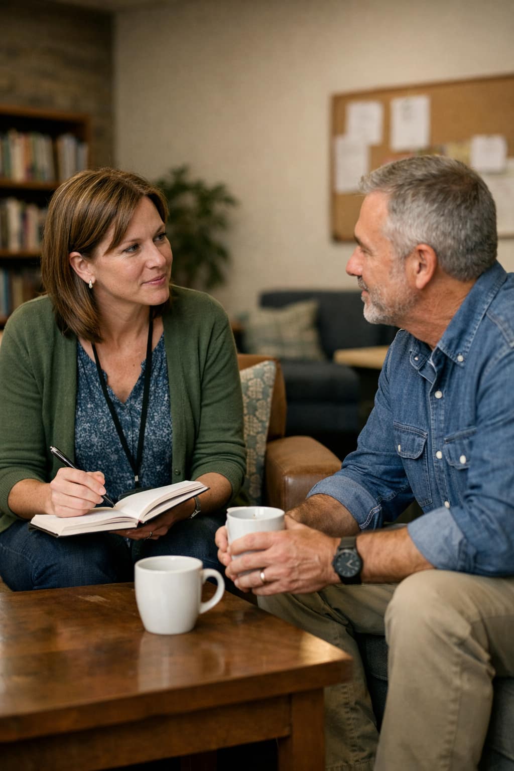 Nonprofit staff member speaking with a supporter in a donor meeting