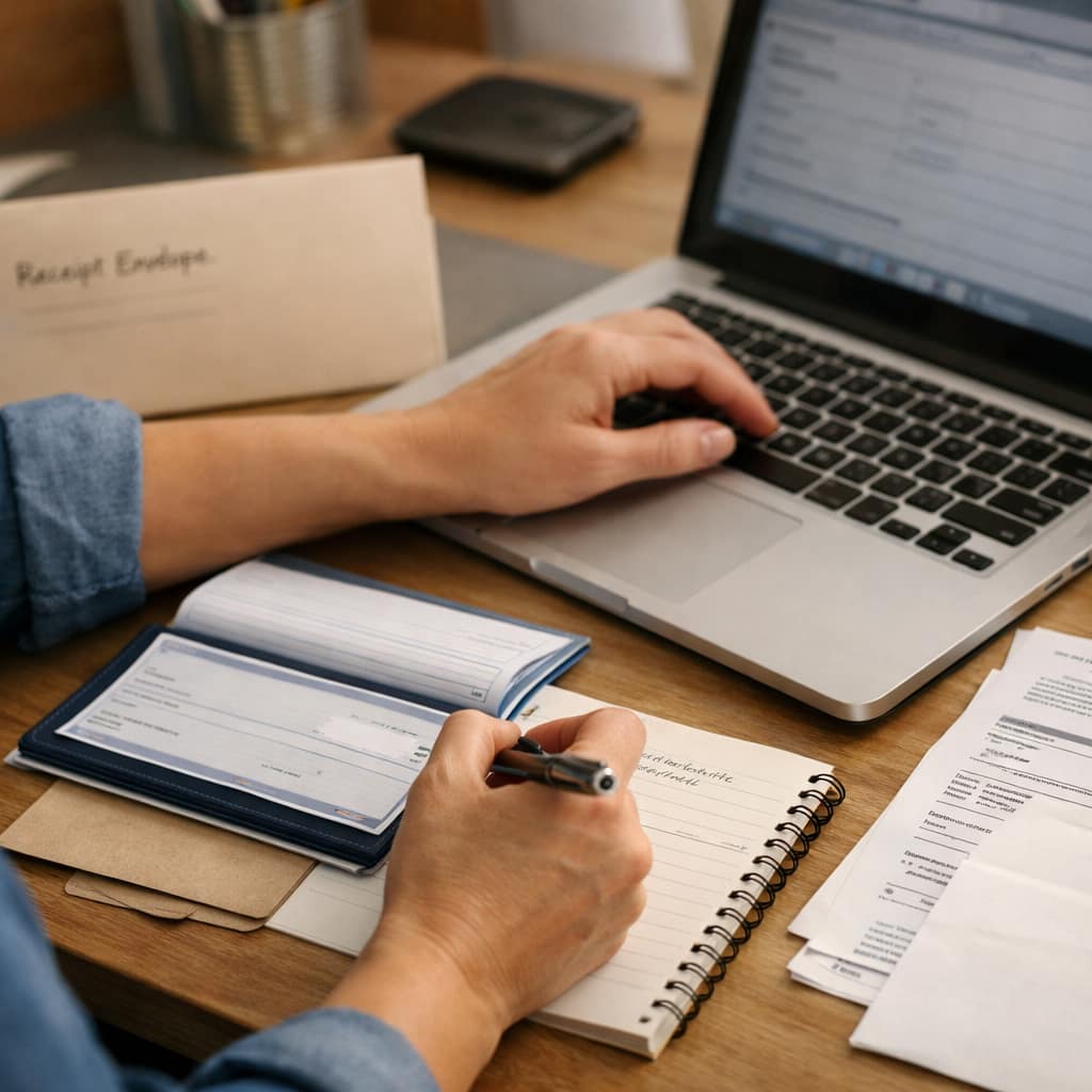 Nonprofit staff member recording a check donation at a desk