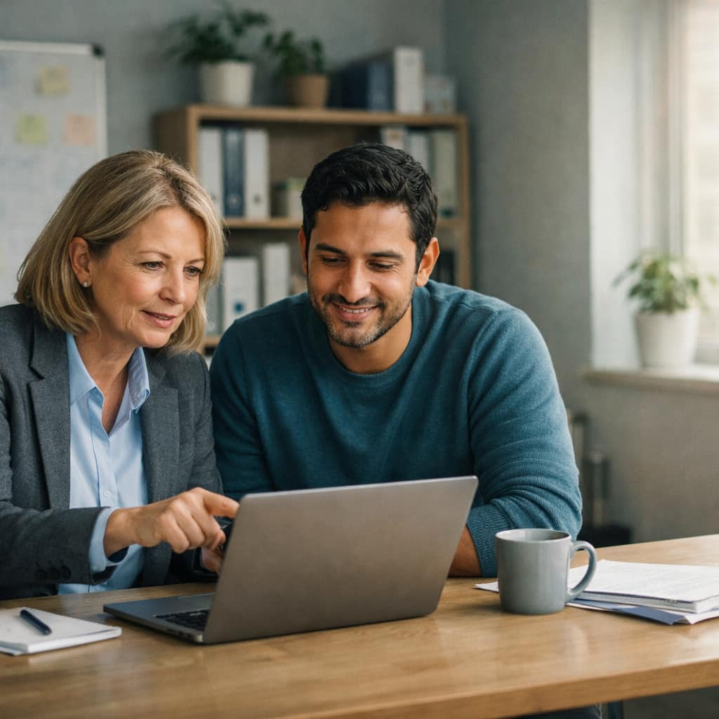 Two nonprofit team members reviewing fundraising results on a laptop